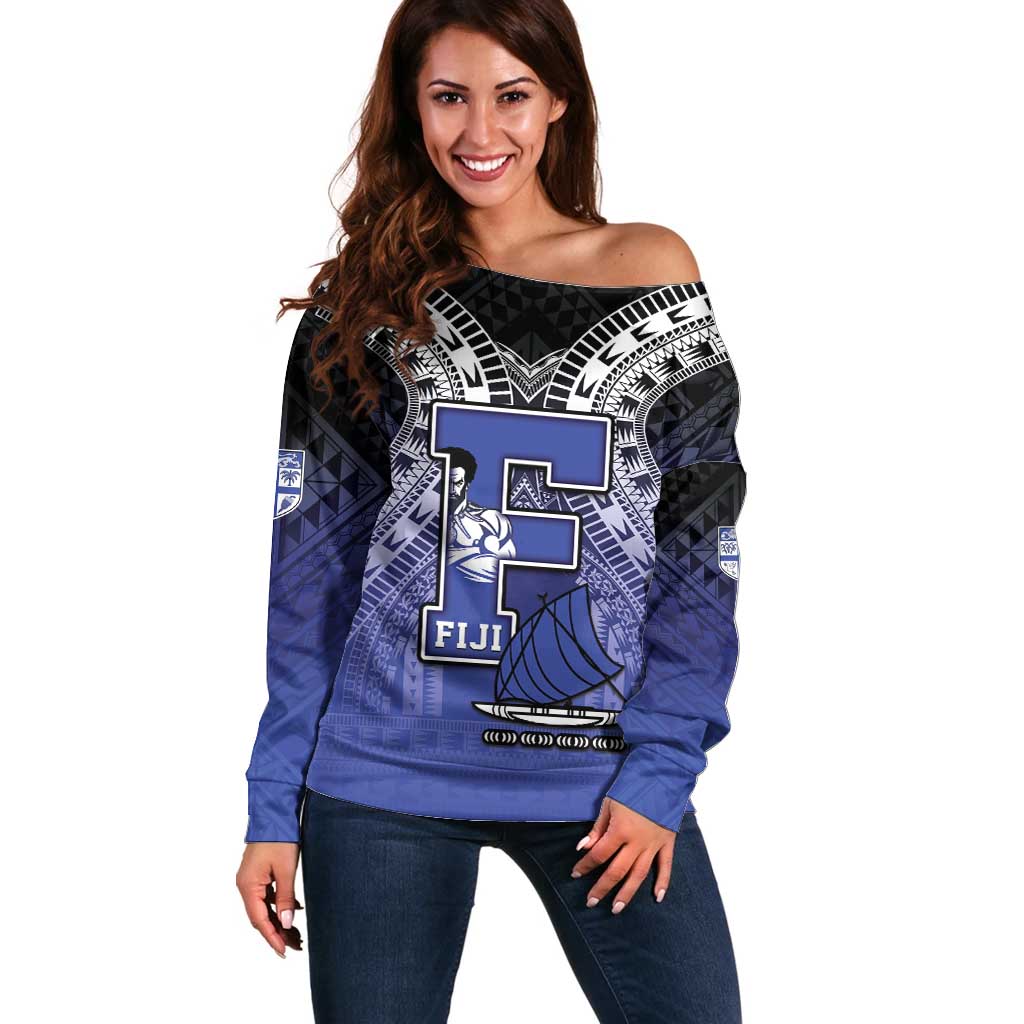Custom Fiji Drua Off Shoulder Sweater Fijian Tapa Pattern LT05 Women Blue - Polynesian Pride