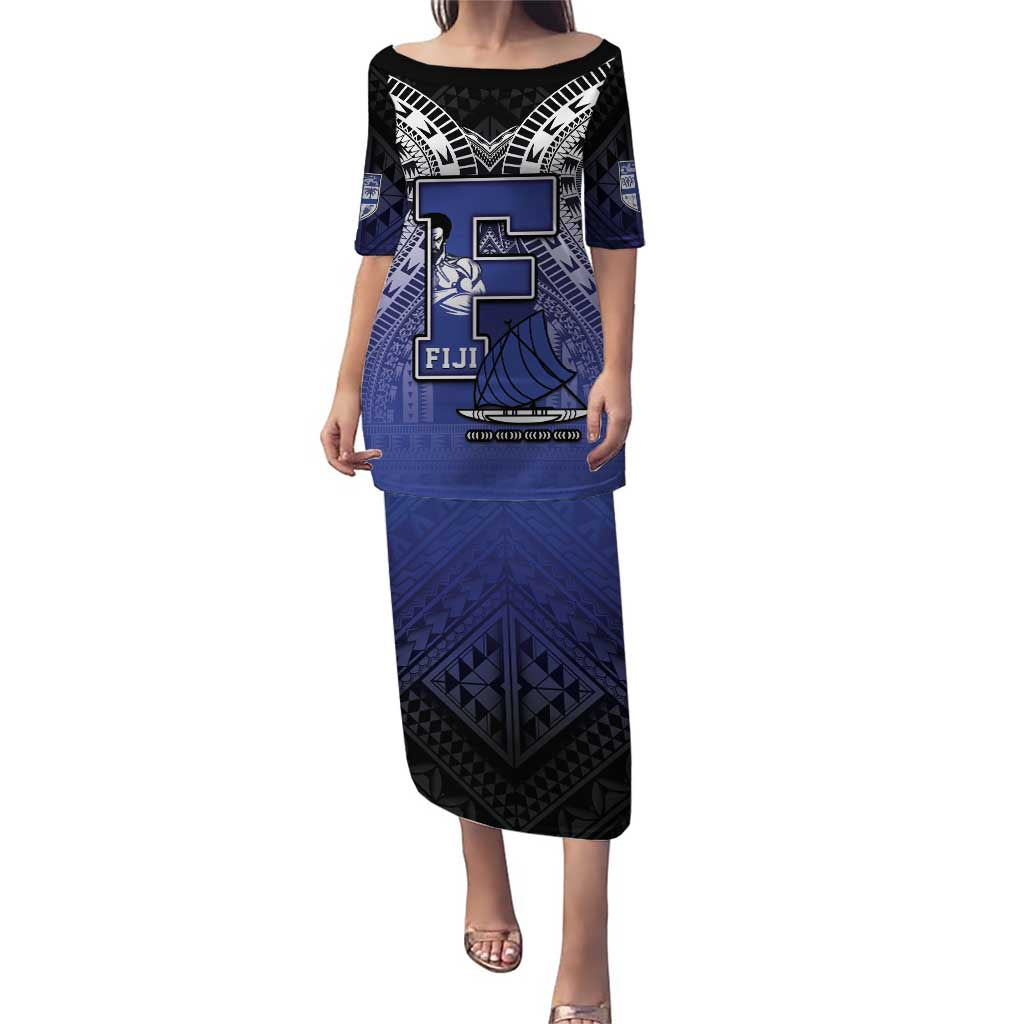Custom Fiji Drua Puletasi Fijian Tapa Pattern LT05 Long Dress Blue - Polynesian Pride