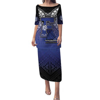 Custom Fiji Drua Puletasi Fijian Tapa Pattern LT05 Long Dress Blue - Polynesian Pride