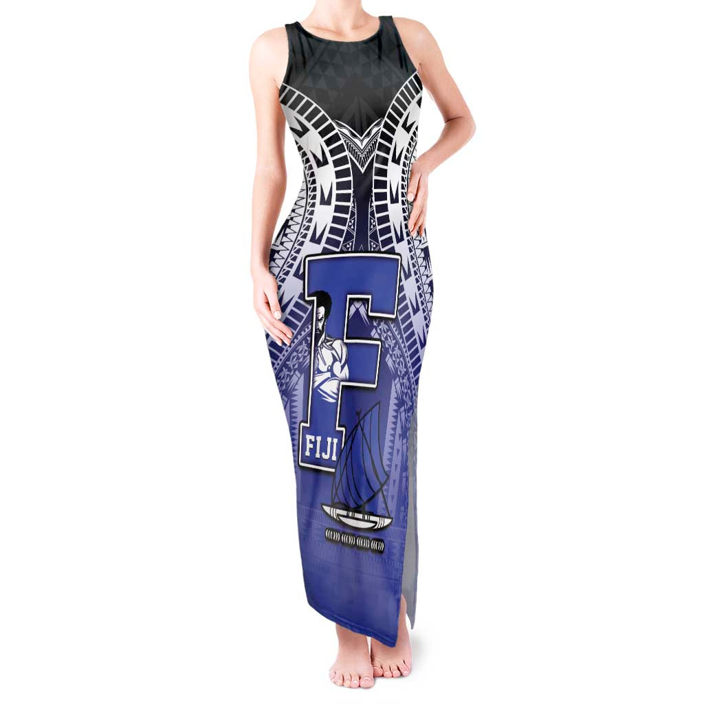 Custom Fiji Drua Tank Maxi Dress Fijian Tapa Pattern LT05 Women Blue - Polynesian Pride