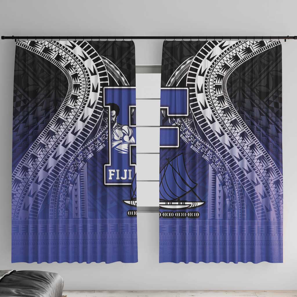 Fiji Drua Window Curtain Fijian Tapa Pattern LT05 With Hooks Blue - Polynesian Pride