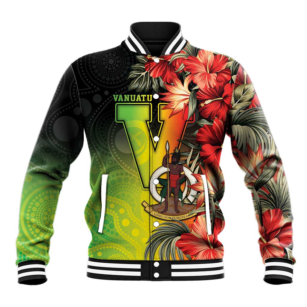 Aboriginal Dot Art Vanuatu Personalised Baseball Jacket Tropical Flowers LT05 Unisex Reggae - Polynesian Pride