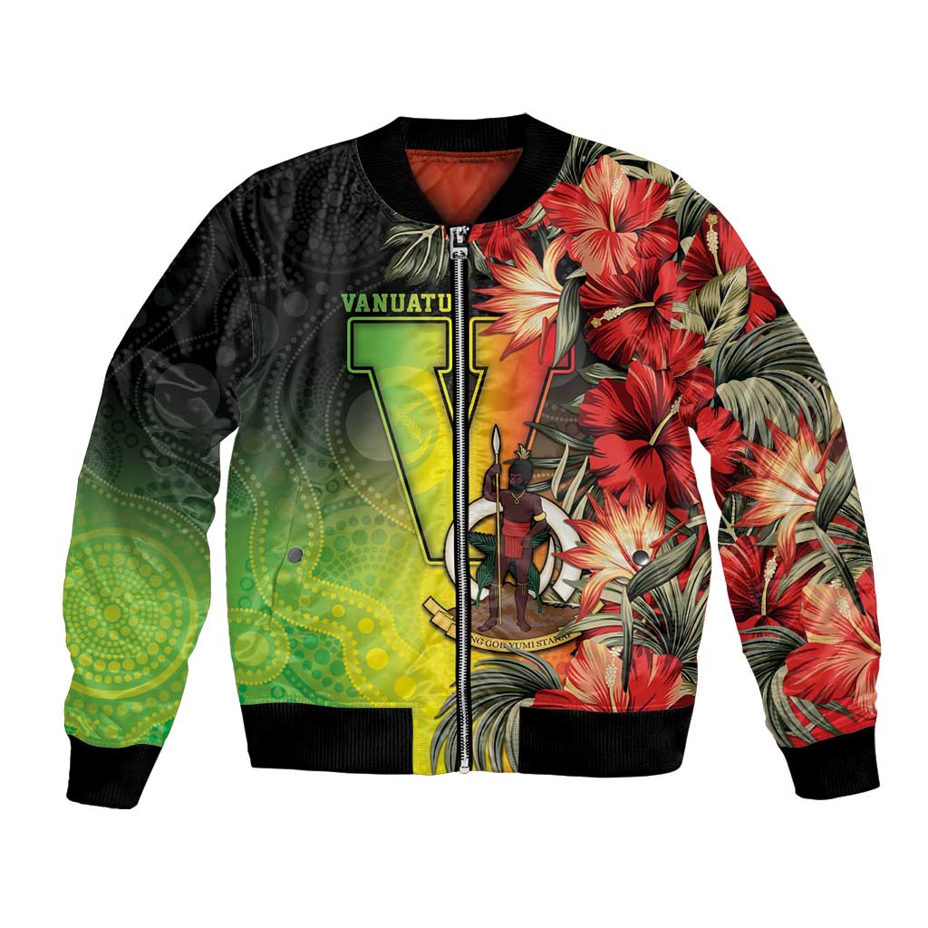 Aboriginal Dot Art Vanuatu Personalised Bomber Jacket Tropical Flowers LT05 Unisex Reggae - Polynesian Pride