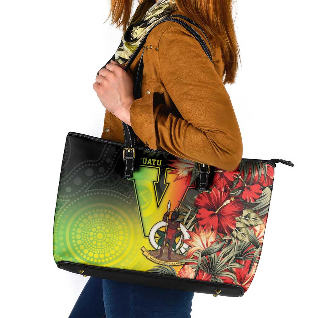Aboriginal Dot Art Vanuatu Leather Tote Bag Tropical Flowers LT05 Reggae - Polynesian Pride
