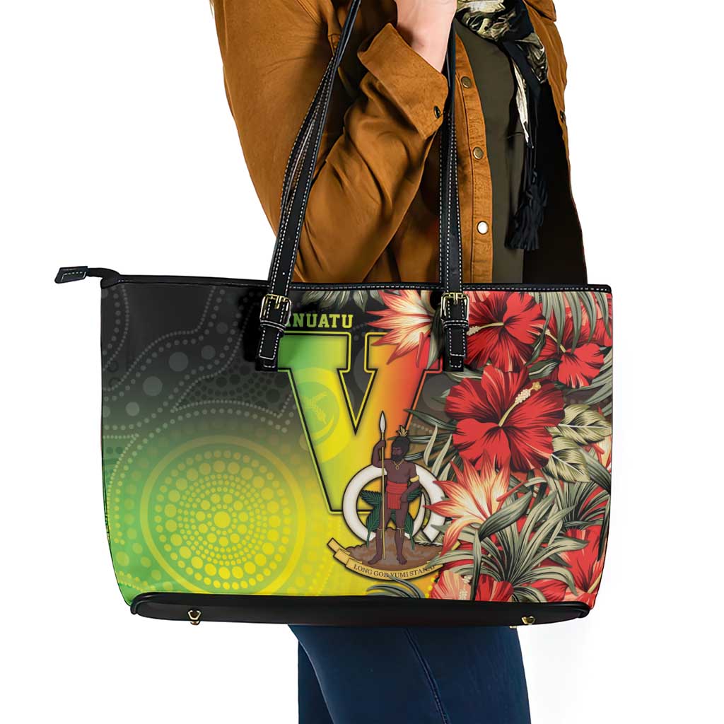 Aboriginal Dot Art Vanuatu Leather Tote Bag Tropical Flowers LT05 - Polynesian Pride