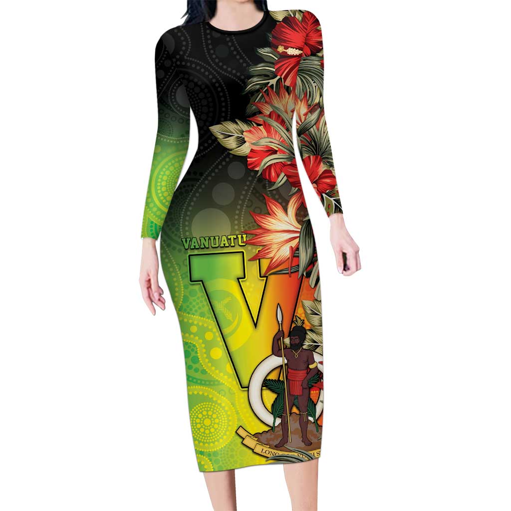 Aboriginal Dot Art Vanuatu Personalised Long Sleeve Bodycon Dress Tropical Flowers LT05 Long Dress Reggae - Polynesian Pride