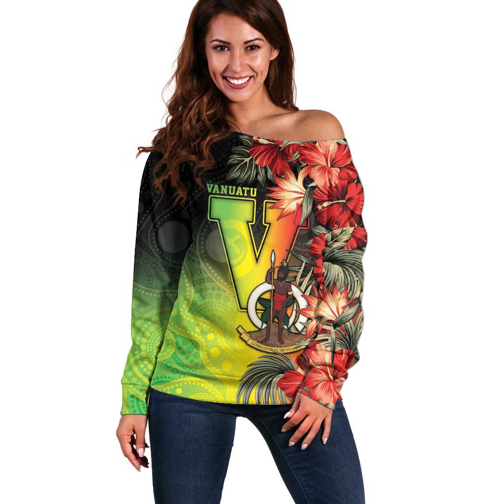 Aboriginal Dot Art Vanuatu Personalised Off Shoulder Sweater Tropical Flowers LT05 Women Reggae - Polynesian Pride
