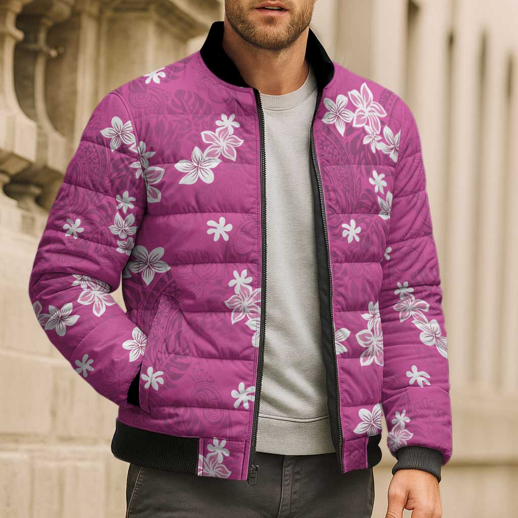 Hawaii Monstera Deliciosa Bomber Puffer Jacket Pink Plumeria Polynesian Pattern LT05 - Polynesian Pride