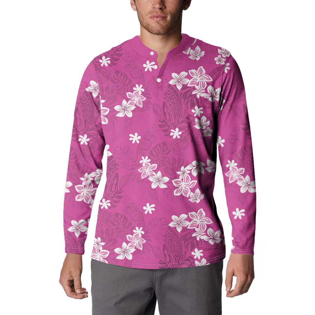 Hawaii Monstera Deliciosa Button Sweatshirt Pink Plumeria Polynesian Pattern LT05 - Polynesian Pride