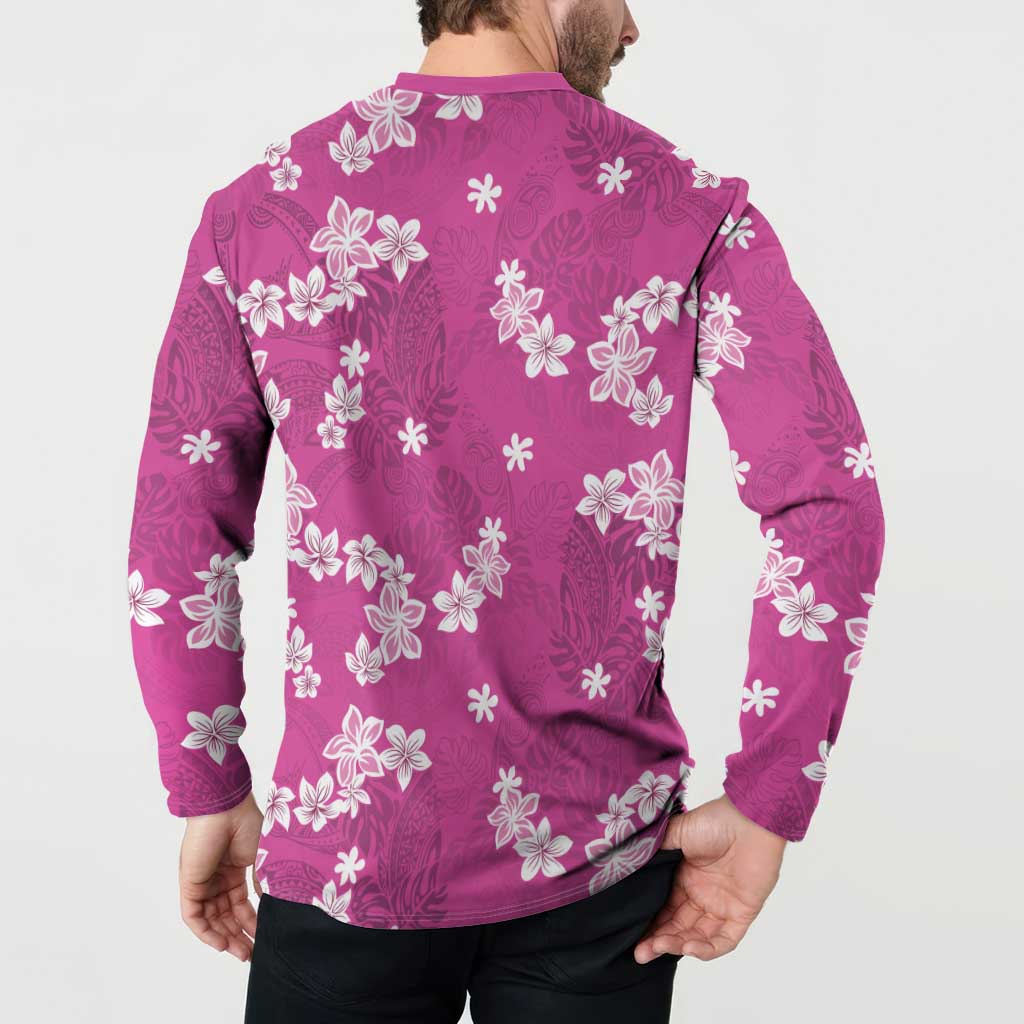 Hawaii Monstera Deliciosa Button Sweatshirt Pink Plumeria Polynesian Pattern LT05 - Polynesian Pride