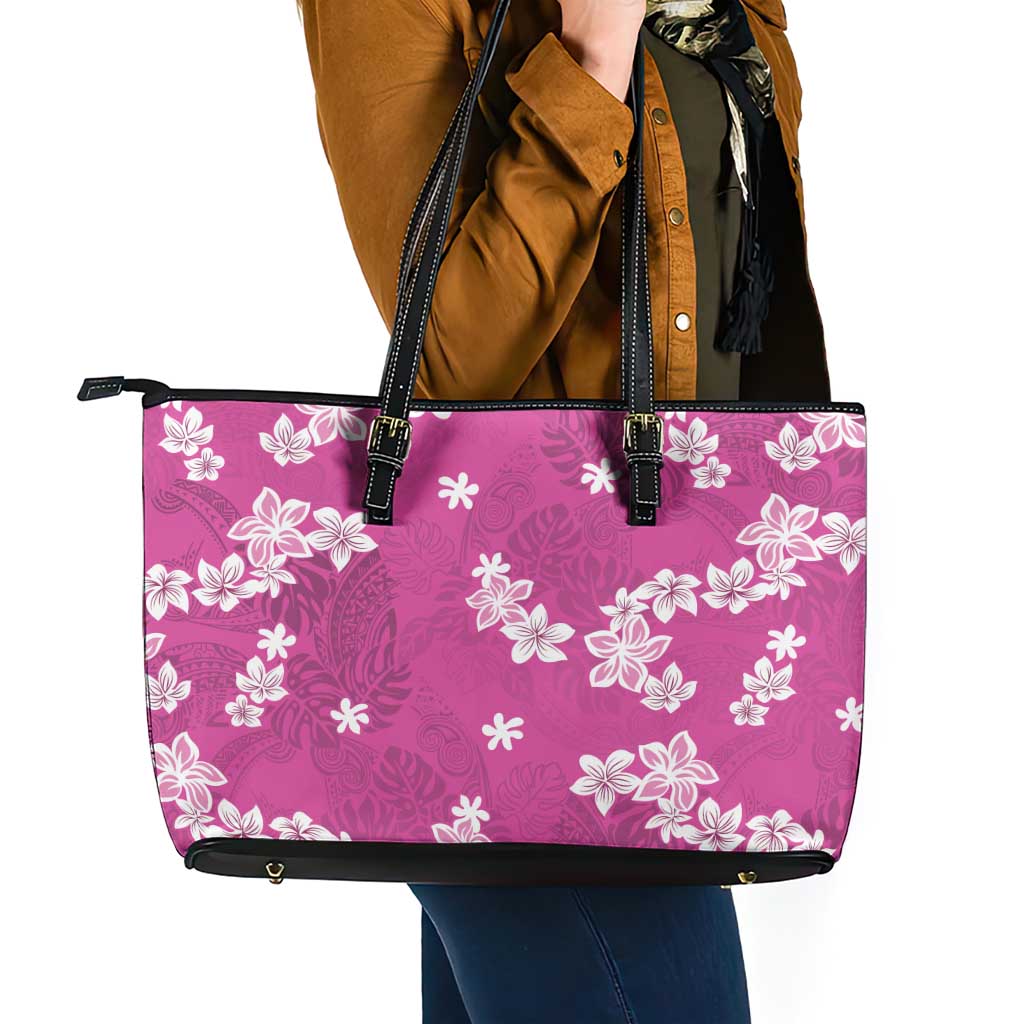Hawaii Monstera Deliciosa Leather Tote Bag Pink Plumeria Polynesian Pattern LT05 - Polynesian Pride