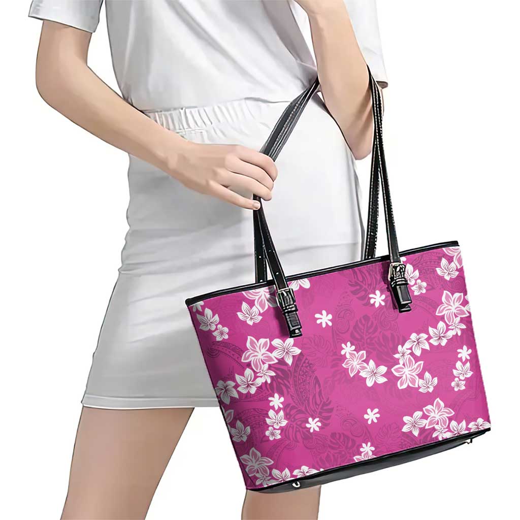 Hawaii Monstera Deliciosa Leather Tote Bag Pink Plumeria Polynesian Pattern LT05 - Polynesian Pride