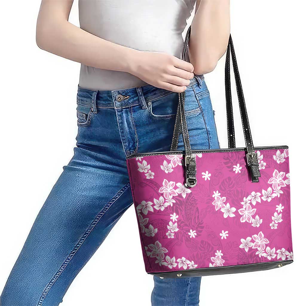 Hawaii Monstera Deliciosa Leather Tote Bag Pink Plumeria Polynesian Pattern LT05 - Polynesian Pride