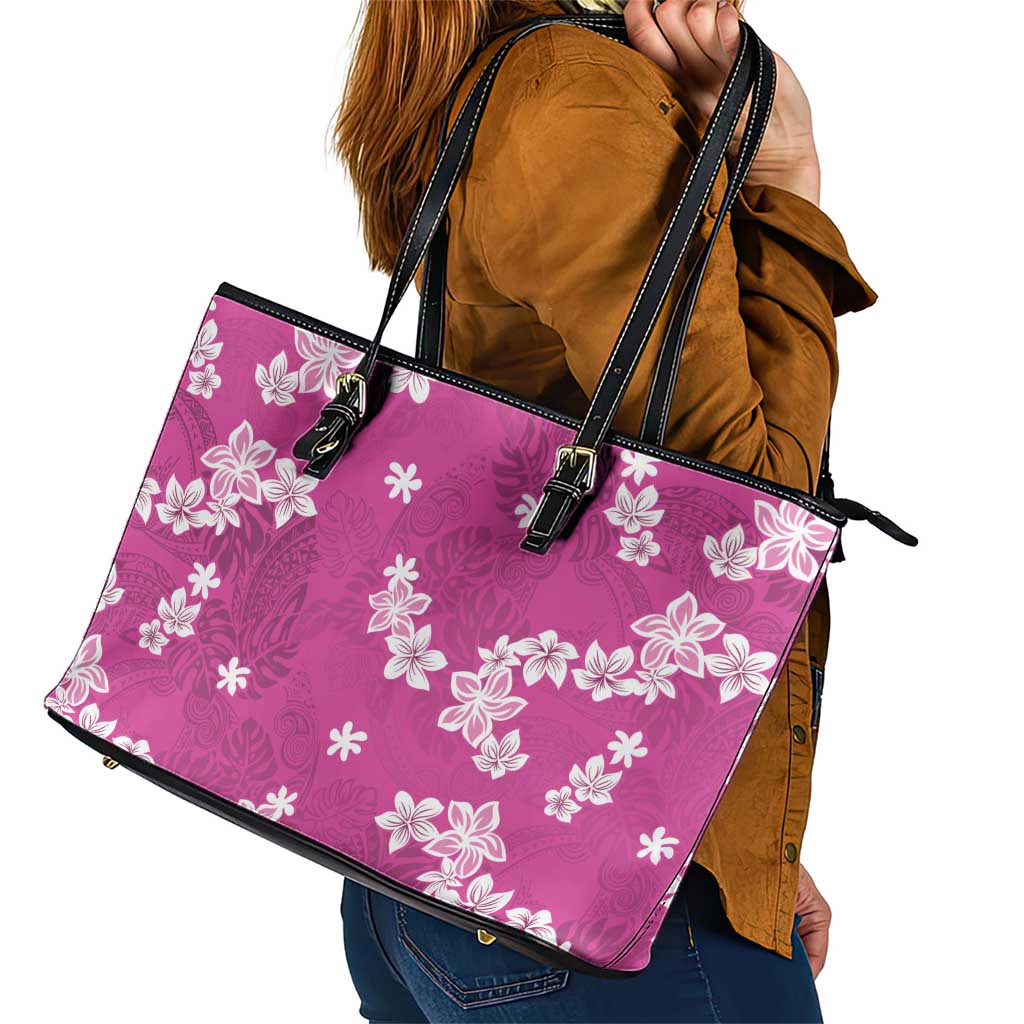 Hawaii Monstera Deliciosa Leather Tote Bag Pink Plumeria Polynesian Pattern LT05 - Polynesian Pride