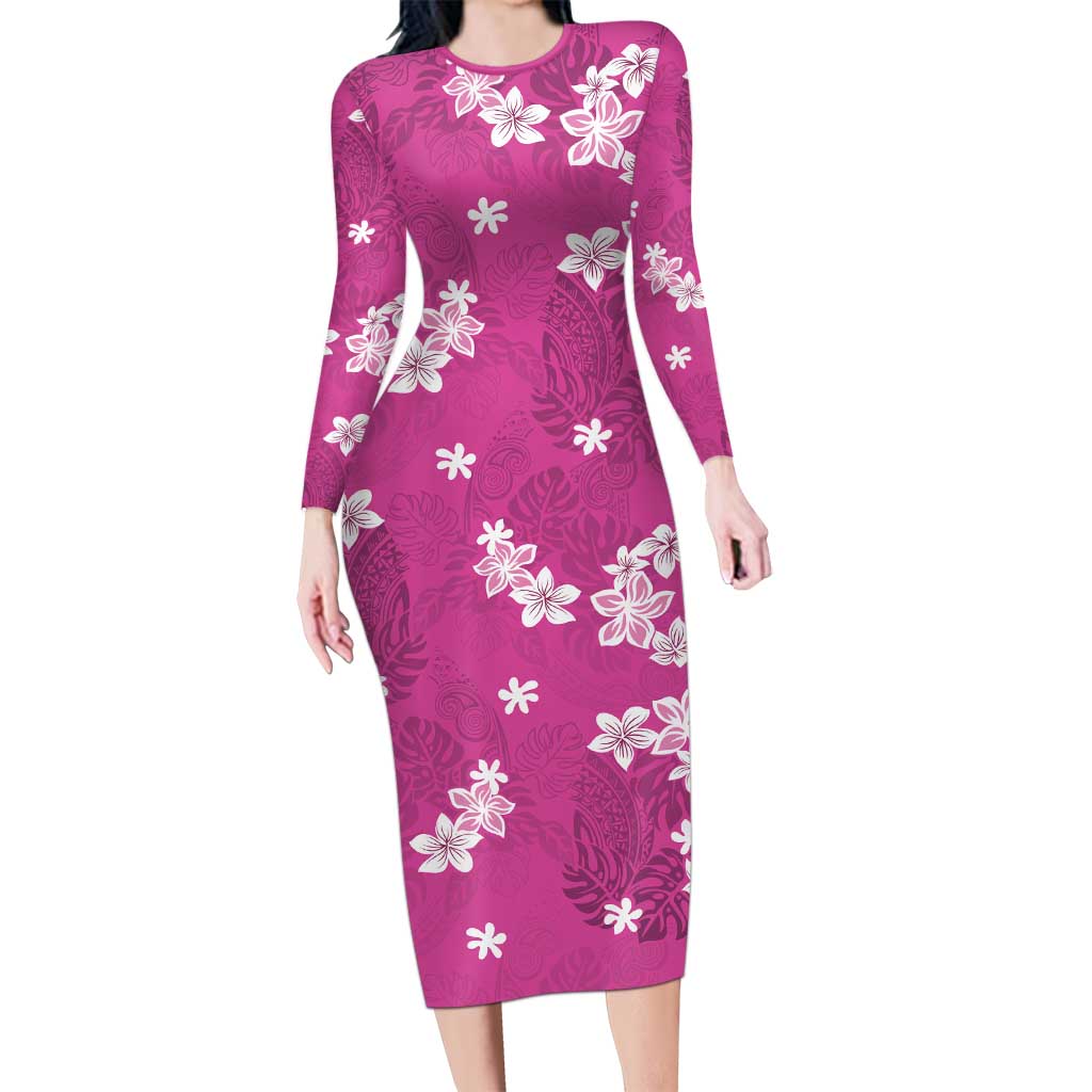 Hawaii Monstera Deliciosa Long Sleeve Bodycon Dress Pink Plumeria Polynesian Pattern LT05 Long Dress Pink - Polynesian Pride