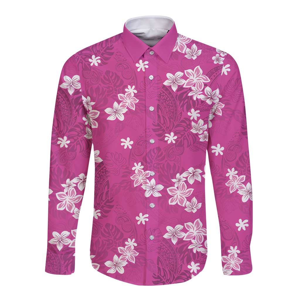 Hawaii Monstera Deliciosa Long Sleeve Button Shirt Pink Plumeria Polynesian Pattern LT05 Unisex Pink - Polynesian Pride