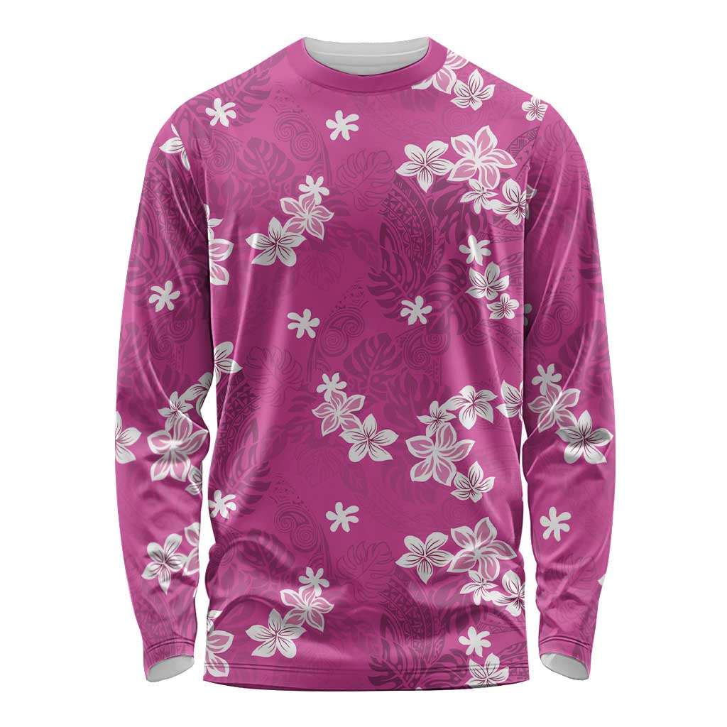 Hawaii Monstera Deliciosa Long Sleeve Shirt Pink Plumeria Polynesian Pattern LT05 Unisex Pink - Polynesian Pride