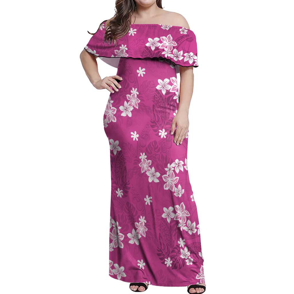 Hawaii Monstera Deliciosa Off Shoulder Maxi Dress Pink Plumeria Polynesian Pattern LT05 Women Pink - Polynesian Pride