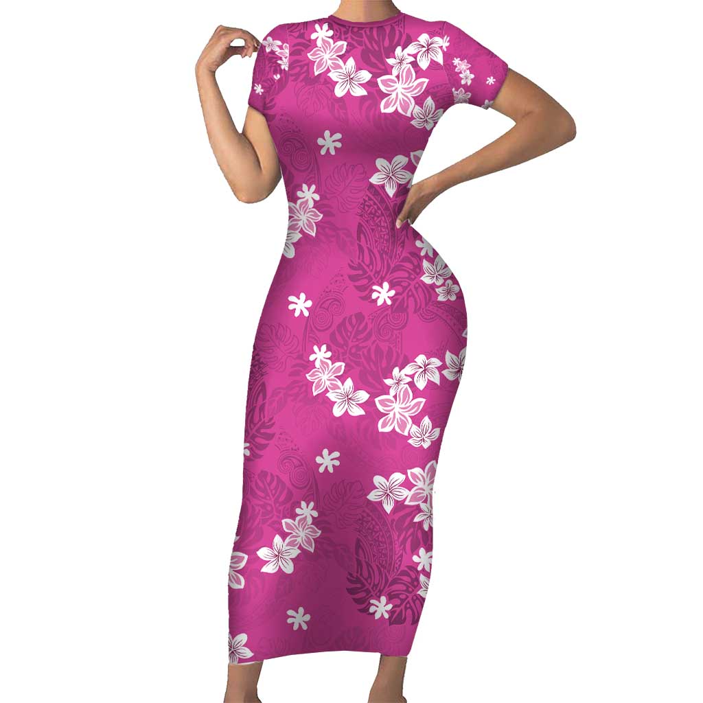 Hawaii Monstera Deliciosa Short Sleeve Bodycon Dress Pink Plumeria Polynesian Pattern LT05 Long Dress Pink - Polynesian Pride