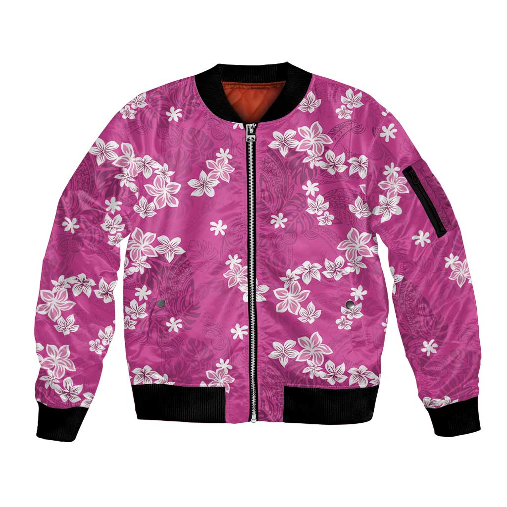 Hawaii Monstera Deliciosa Sleeve Zip Bomber Jacket Pink Plumeria Polynesian Pattern LT05 Unisex Pink - Polynesian Pride