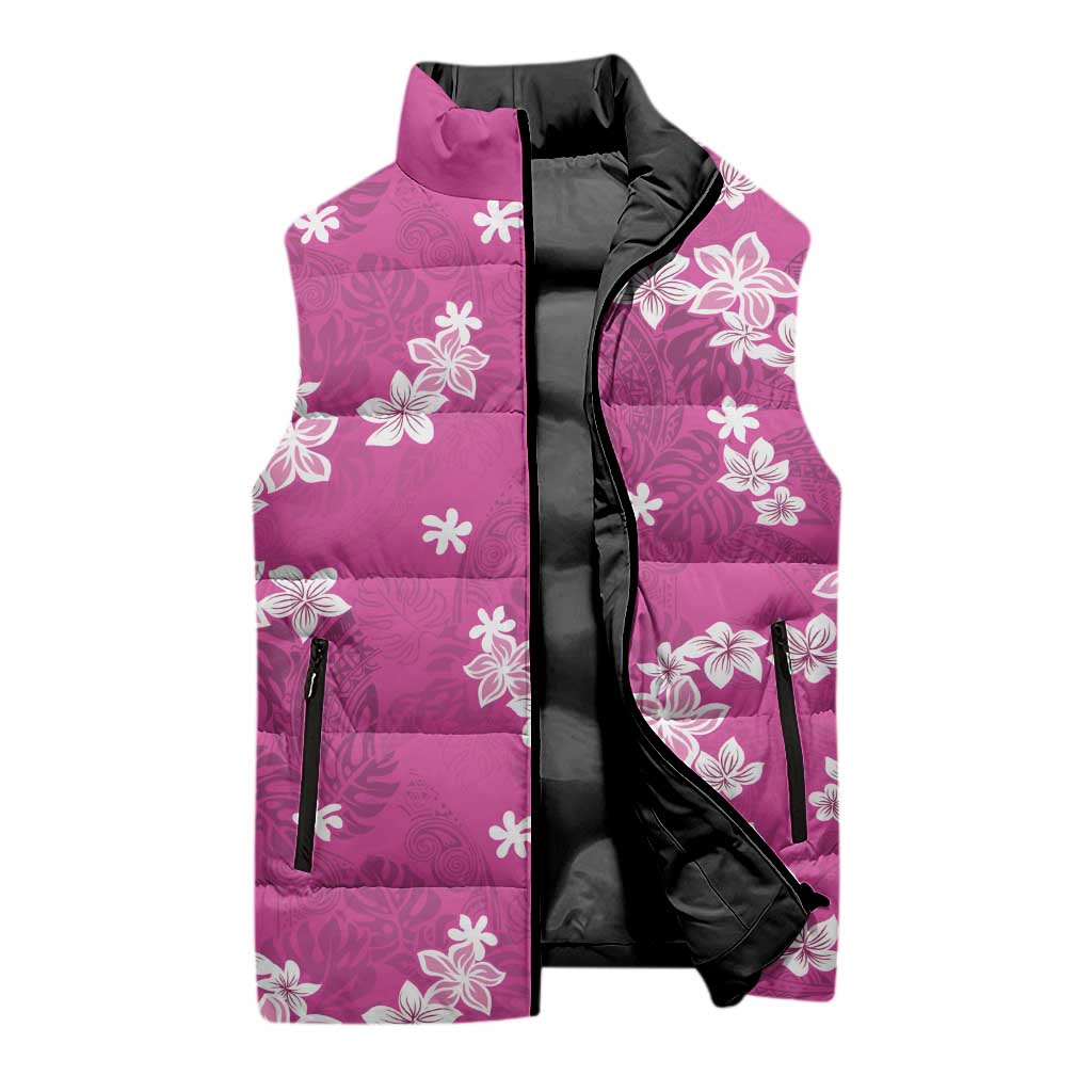 Hawaii Monstera Deliciosa Sleeveless Puffer Jacket Pink Plumeria Polynesian Pattern LT05 - Polynesian Pride
