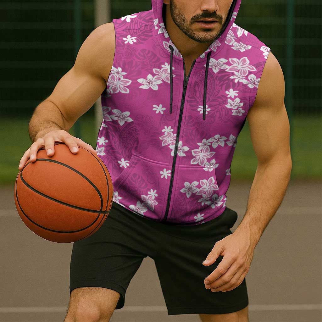 Hawaii Monstera Deliciosa Sleeveless Zip Hoodie Pink Plumeria Polynesian Pattern LT05 - Polynesian Pride
