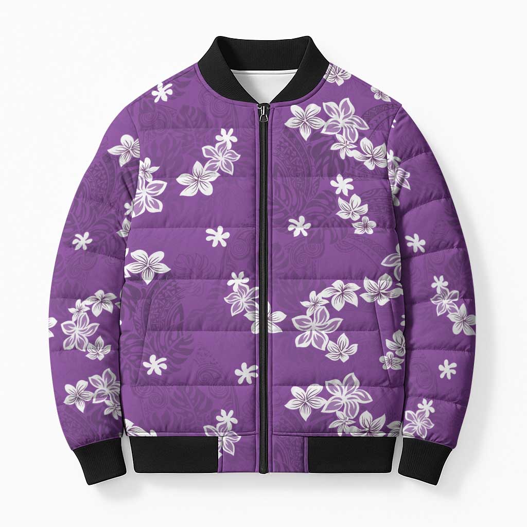 Hawaii Monstera Deliciosa Bomber Puffer Jacket Purple Plumeria Polynesian Pattern LT05 Unisex Purple - Polynesian Pride