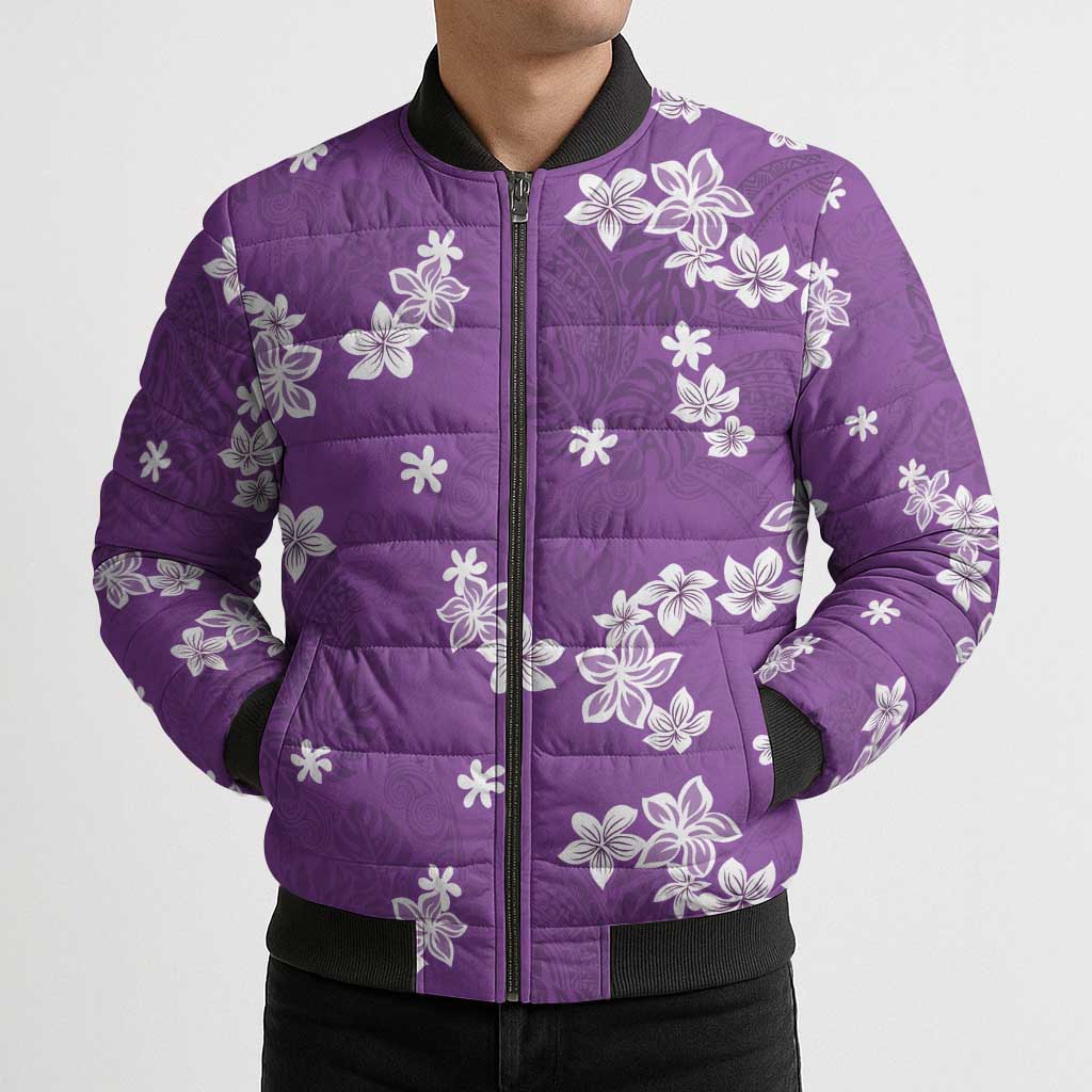Hawaii Monstera Deliciosa Bomber Puffer Jacket Purple Plumeria Polynesian Pattern LT05 - Polynesian Pride