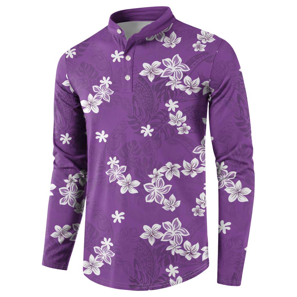 Hawaii Monstera Deliciosa Button Sweatshirt Purple Plumeria Polynesian Pattern LT05 - Polynesian Pride