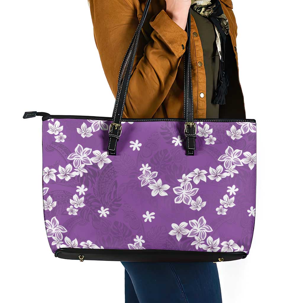 Hawaii Monstera Deliciosa Leather Tote Bag Purple Plumeria Polynesian Pattern LT05 - Polynesian Pride