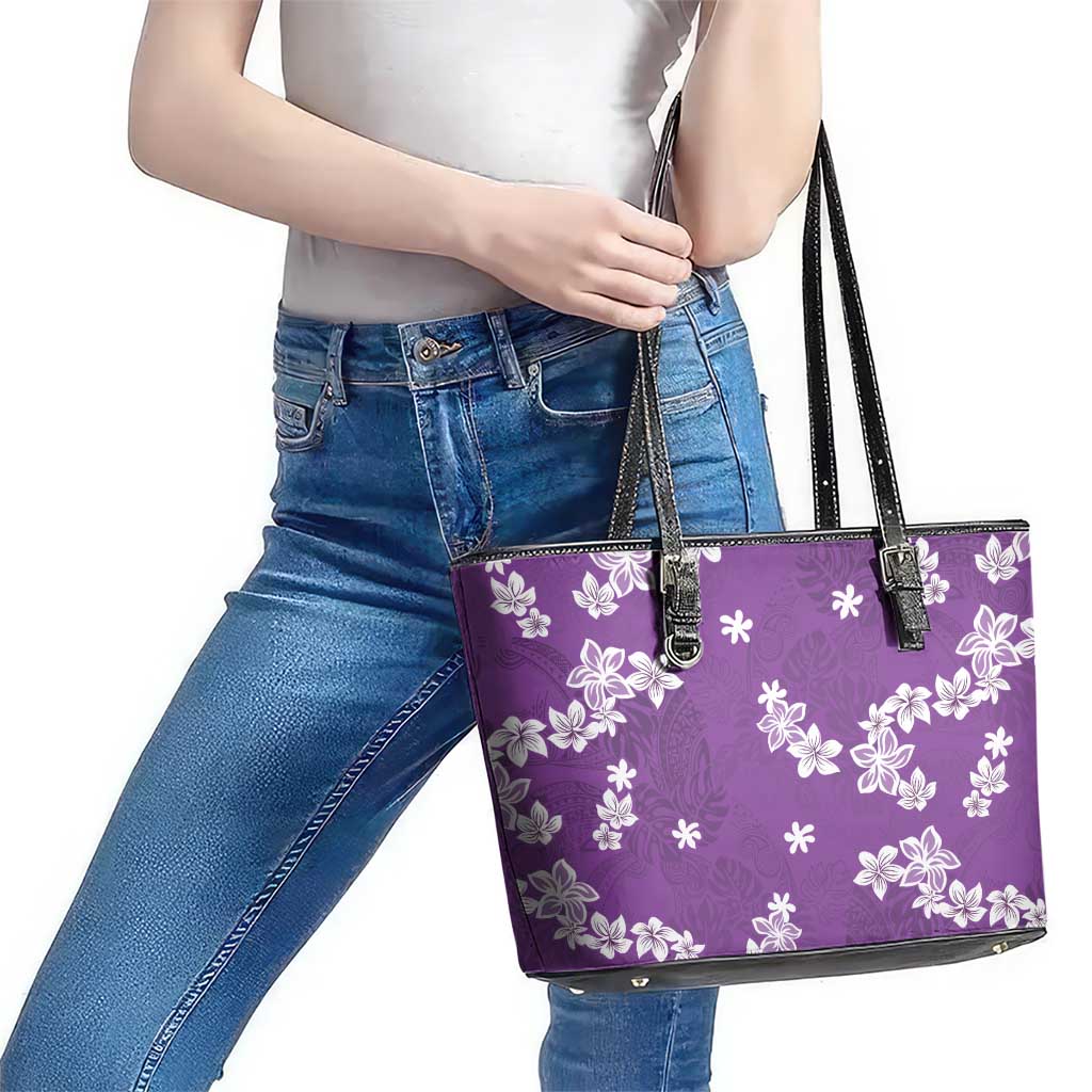 Hawaii Monstera Deliciosa Leather Tote Bag Purple Plumeria Polynesian Pattern LT05 - Polynesian Pride