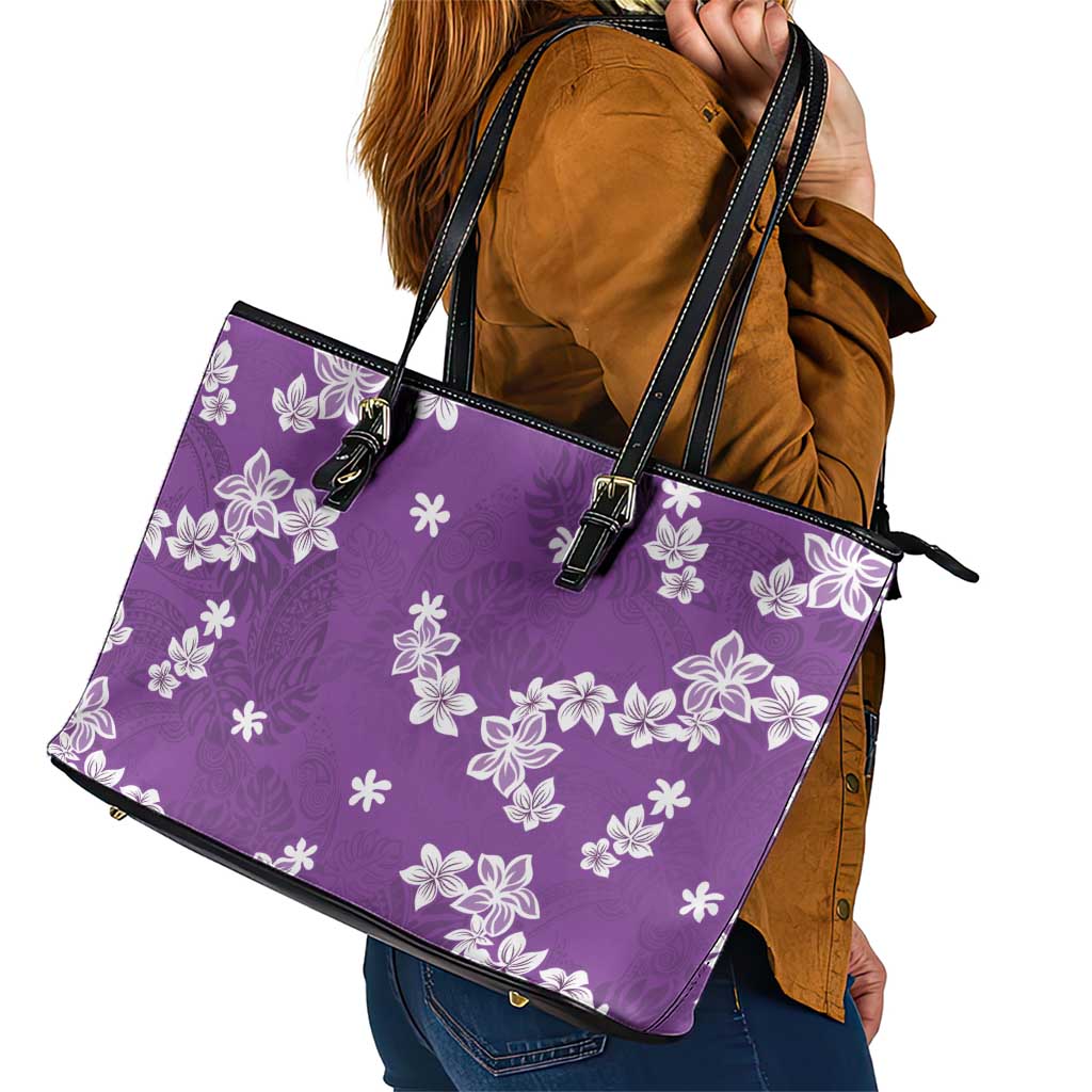 Hawaii Monstera Deliciosa Leather Tote Bag Purple Plumeria Polynesian Pattern LT05 - Polynesian Pride