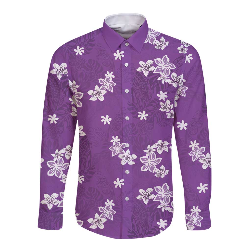 Hawaii Monstera Deliciosa Long Sleeve Button Shirt Purple Plumeria Polynesian Pattern LT05 Unisex Purple - Polynesian Pride