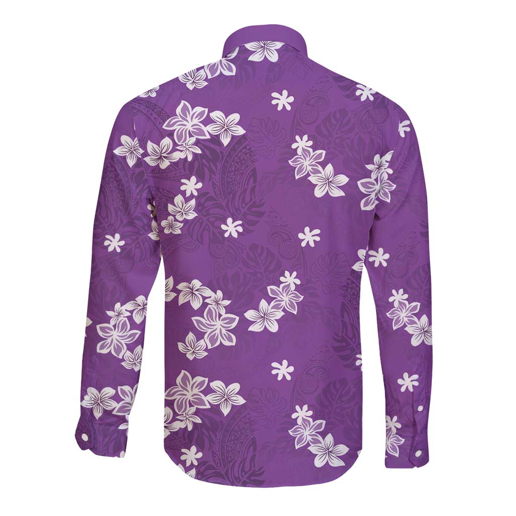 Hawaii Monstera Deliciosa Long Sleeve Button Shirt Purple Plumeria Polynesian Pattern LT05 - Polynesian Pride
