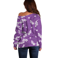 Hawaii Monstera Deliciosa Off Shoulder Sweater Purple Plumeria Polynesian Pattern LT05 - Polynesian Pride