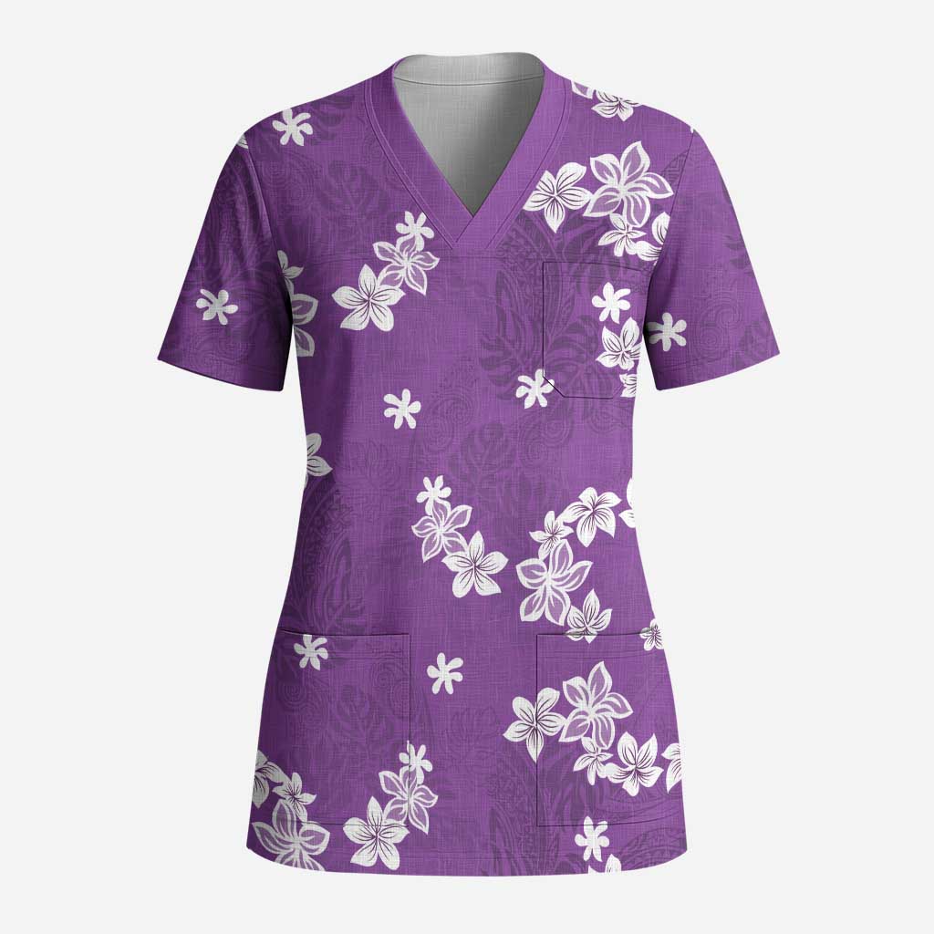 Hawaii Monstera Deliciosa Scrub Top Purple Plumeria Polynesian Pattern LT05 Adult Purple - Polynesian Pride