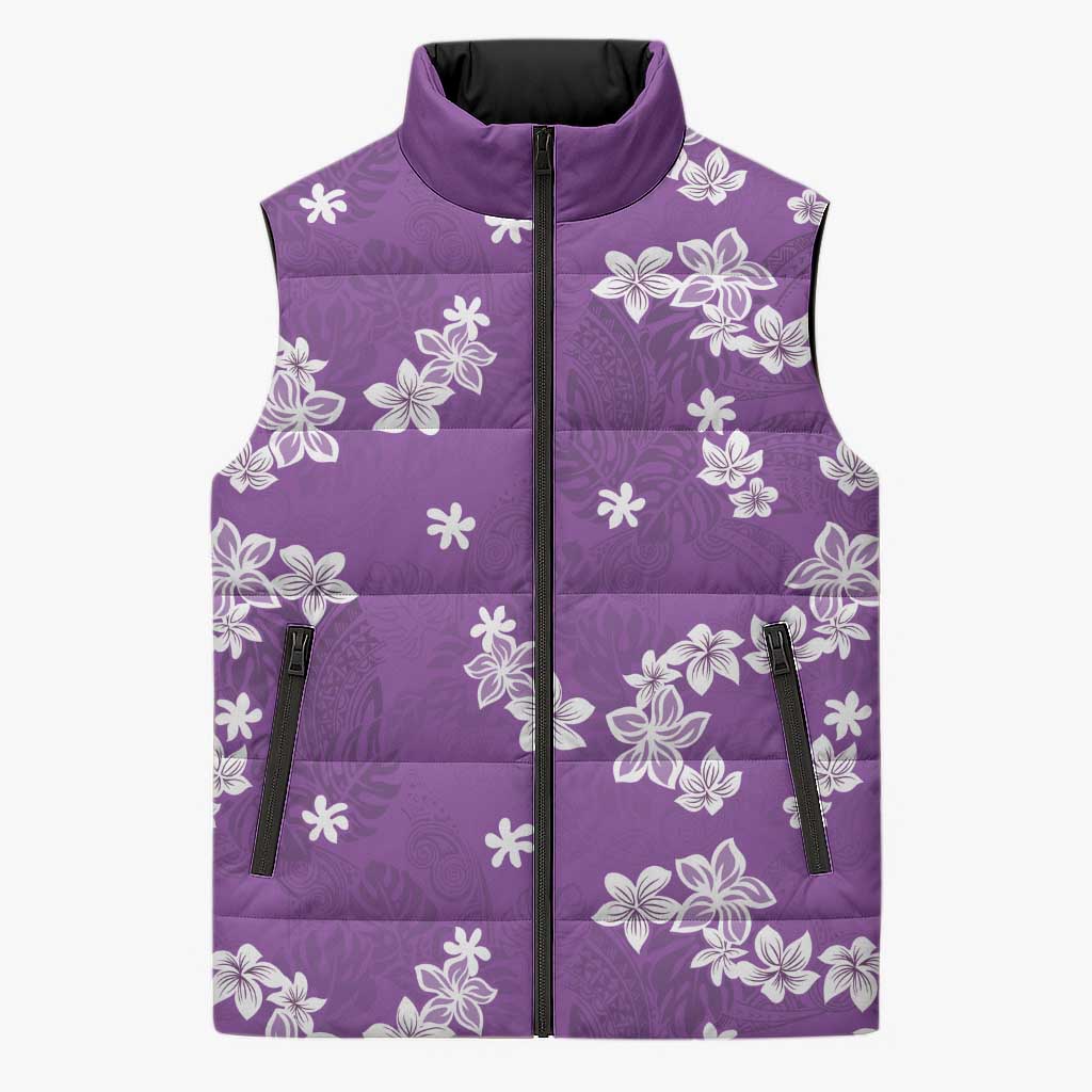 Hawaii Monstera Deliciosa Sleeveless Puffer Jacket Purple Plumeria Polynesian Pattern LT05 Unisex Purple - Polynesian Pride