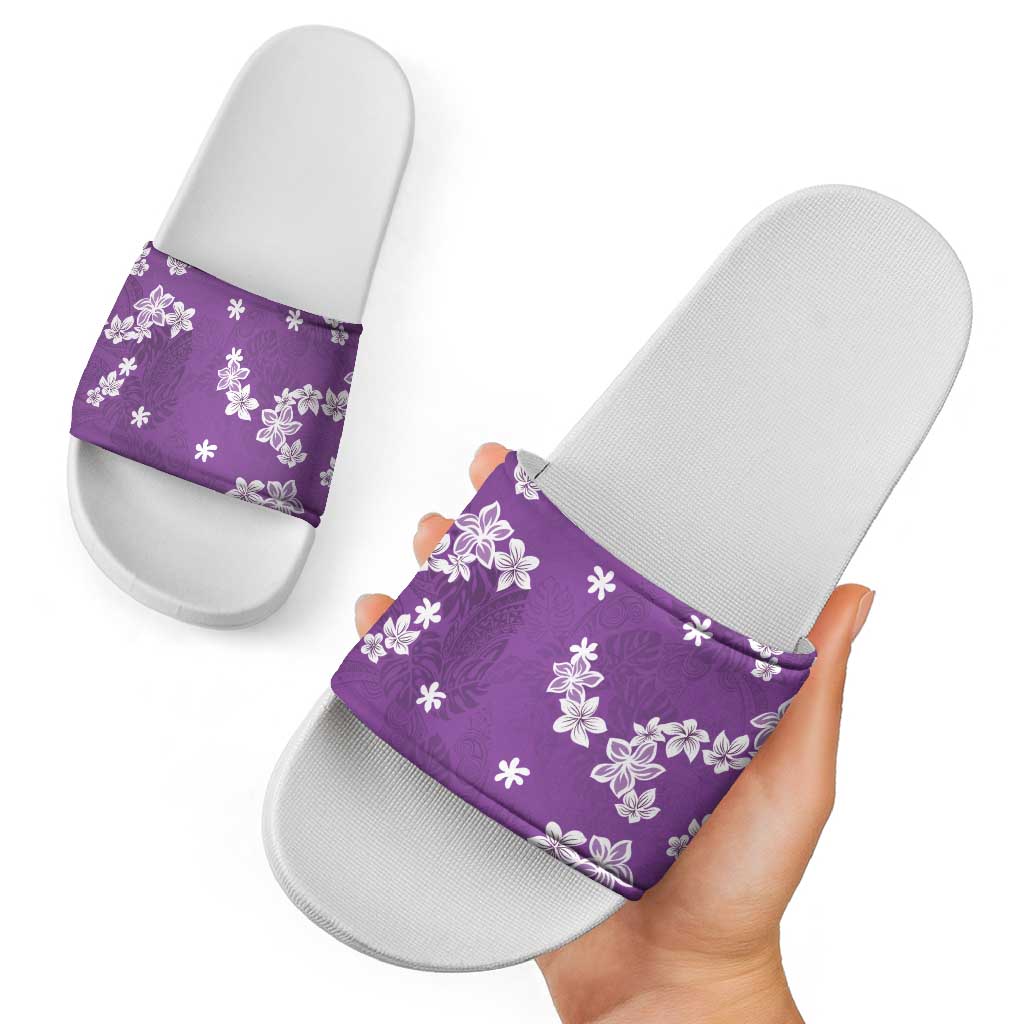 Hawaii Monstera Deliciosa Slide Sandals Purple Plumeria Polynesian Pattern LT05 - Polynesian Pride