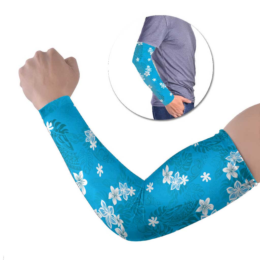 Hawaii Monstera Deliciosa Arm Sleeves Blue Plumeria Polynesian Pattern LT05 Set of 2 Blue - Polynesian Pride