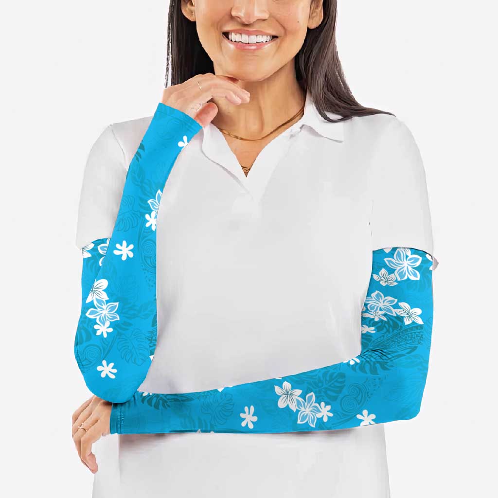 Hawaii Monstera Deliciosa Arm Sleeves Blue Plumeria Polynesian Pattern LT05 - Polynesian Pride