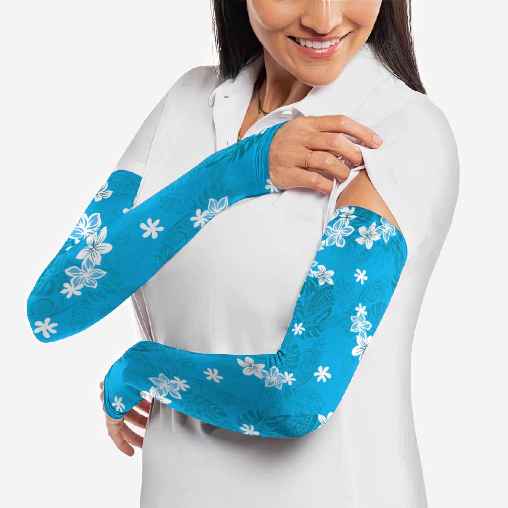 Hawaii Monstera Deliciosa Arm Sleeves Blue Plumeria Polynesian Pattern LT05 - Polynesian Pride