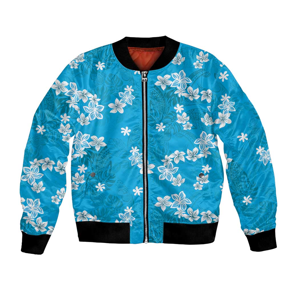 Hawaii Monstera Deliciosa Bomber Jacket Blue Plumeria Polynesian Pattern LT05 Unisex Blue - Polynesian Pride