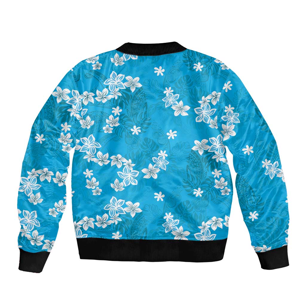 Hawaii Monstera Deliciosa Bomber Jacket Blue Plumeria Polynesian Pattern LT05 - Polynesian Pride
