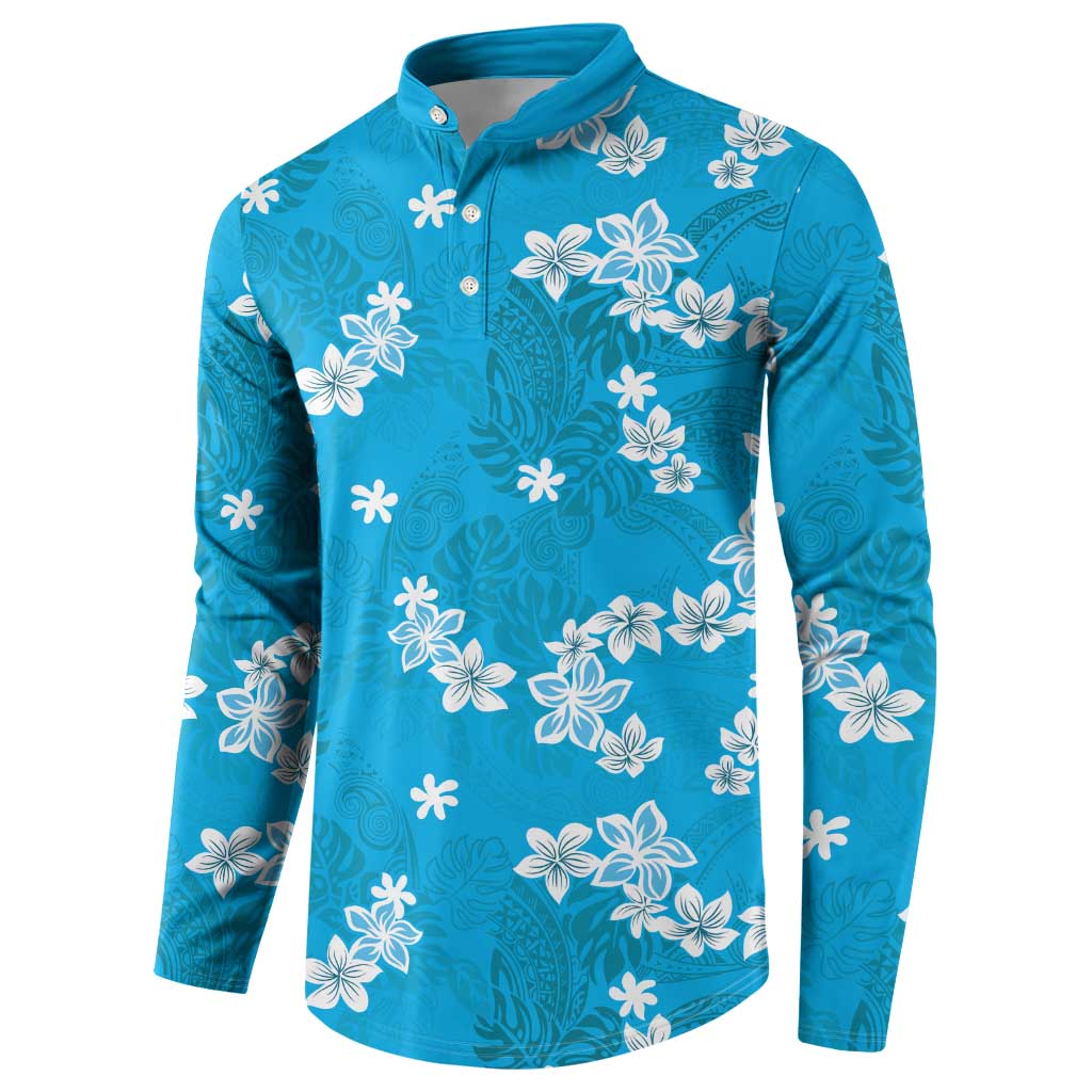 Hawaii Monstera Deliciosa Button Sweatshirt Blue Plumeria Polynesian Pattern LT05 - Polynesian Pride