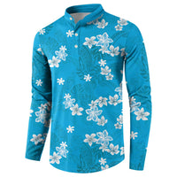Hawaii Monstera Deliciosa Button Sweatshirt Blue Plumeria Polynesian Pattern LT05 - Polynesian Pride