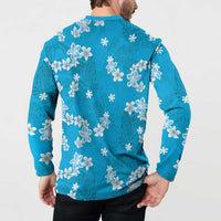 Hawaii Monstera Deliciosa Button Sweatshirt Blue Plumeria Polynesian Pattern LT05 - Polynesian Pride
