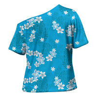 Hawaii Monstera Deliciosa Cross Shoulder Shirt Blue Plumeria Polynesian Pattern LT05 - Polynesian Pride