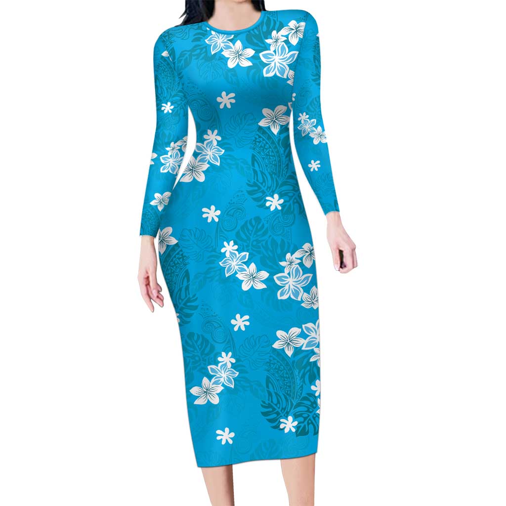Hawaii Monstera Deliciosa Long Sleeve Bodycon Dress Blue Plumeria Polynesian Pattern LT05 Long Dress Blue - Polynesian Pride