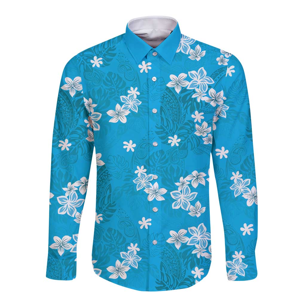 Hawaii Monstera Deliciosa Long Sleeve Button Shirt Blue Plumeria Polynesian Pattern LT05 Unisex Blue - Polynesian Pride