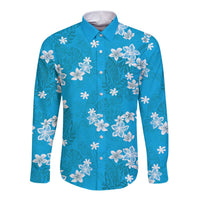 Hawaii Monstera Deliciosa Long Sleeve Button Shirt Blue Plumeria Polynesian Pattern LT05 Unisex Blue - Polynesian Pride